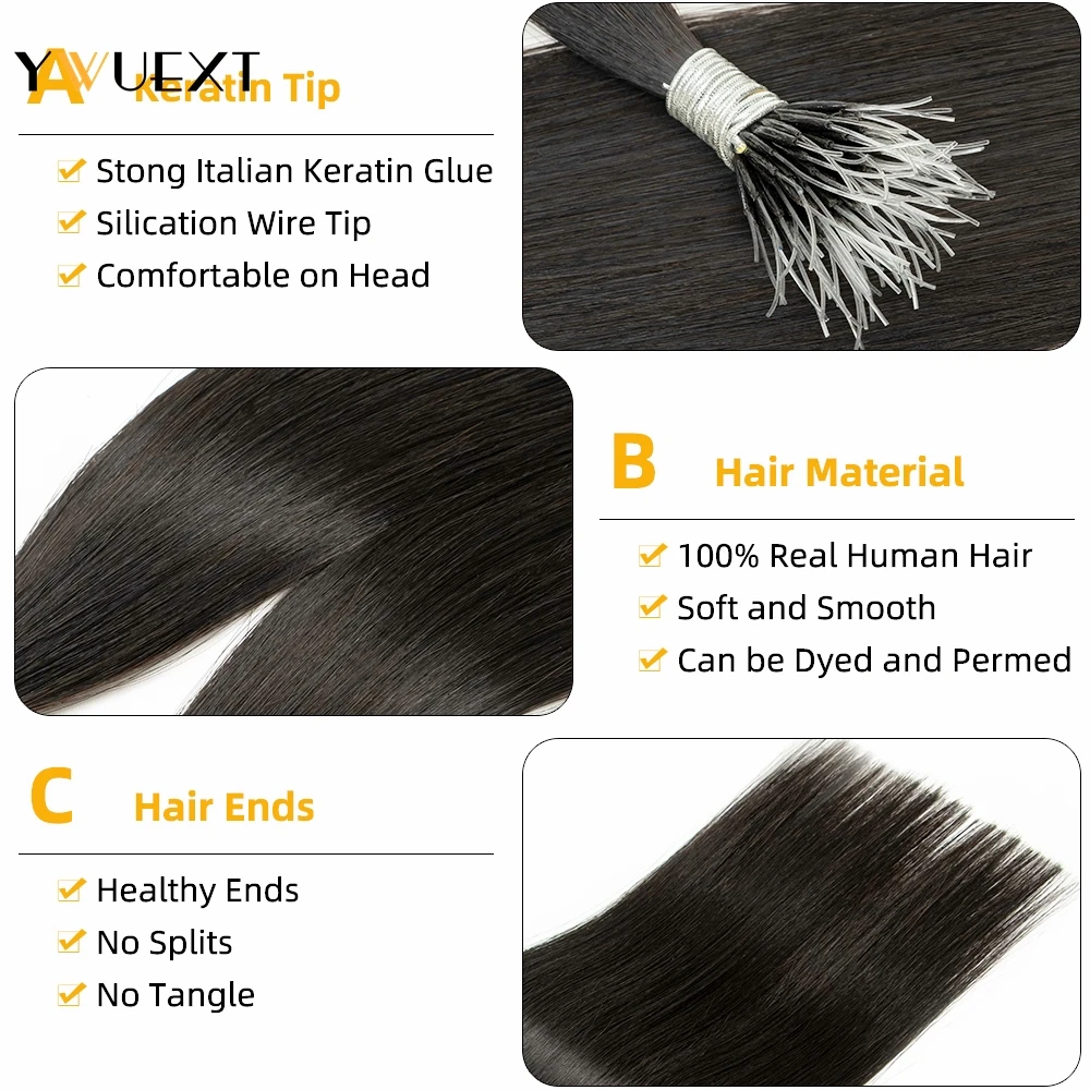 YWUEXT Flexible F Tip Hair Extensions 16''- 24'' Natural Invisible Nano Ring Hair Microlink Human Hair 1g/s Micro Beads Hair