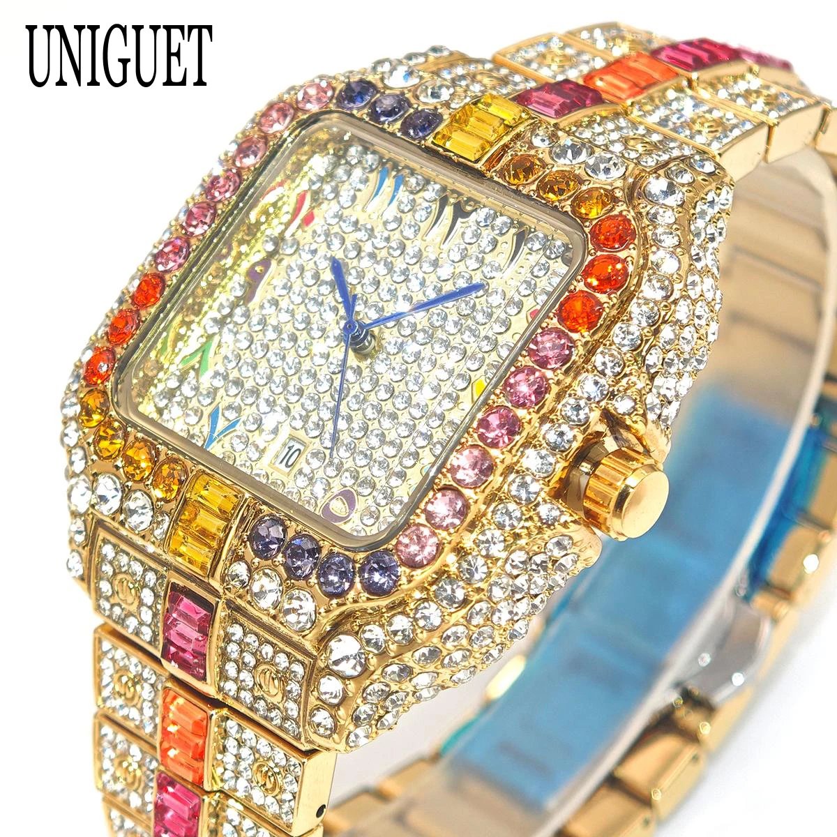 Relógio de Pulso Masculino UNIGUET Rainbow Diamond de Luxo Quadrado Quartzo Moda Hip Hop Totalmente Cravejado em Ouro 2026 Mais Vendido