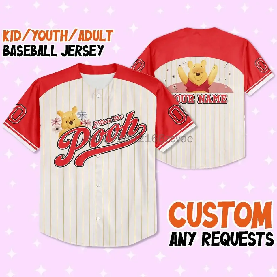 2024 New Summer Vintage Buttons Winnie Pooh Cute Custom Style Baseball Jersey Cartoon Oversized Training Uniform Adult/kid Kit