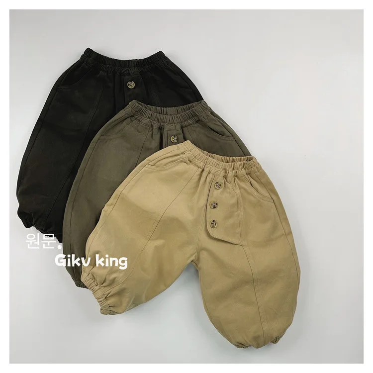 

Korean 2024 Ins Autumn Kids Boys Pants Cotton Solid Loose Pocket Buttons Toddler Boys Pants Elastic Waist Children Boys Bloomer