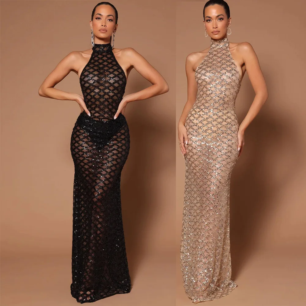 

2025 Women's Sexy Backless Evening Dress Rhinestone Sequin Embellished See-through Nightclub Gown Fashionable Transparent Design