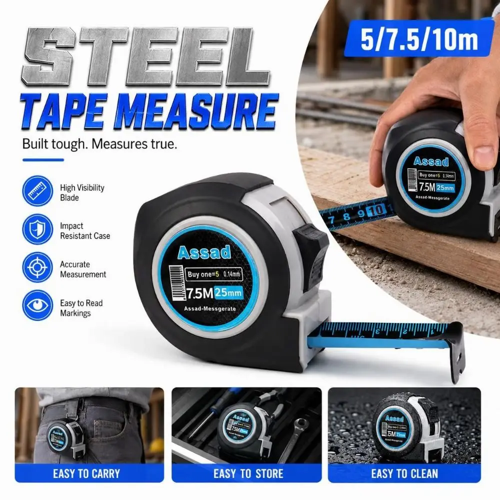 5/7.5/10m Steel Tape Measure ABS TPR Impact Resistant Retractable Tape Measure High Visibility Markings Locking Mechanism