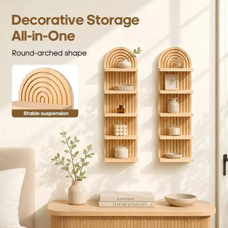 2Pcs Boho Arch‑Top Wooden Wall‑Mounted Shelves, 5‑Tier Display Storage Rack, Bohemian Decor Organizer, For Bedroom/Living Room/Figure Collection