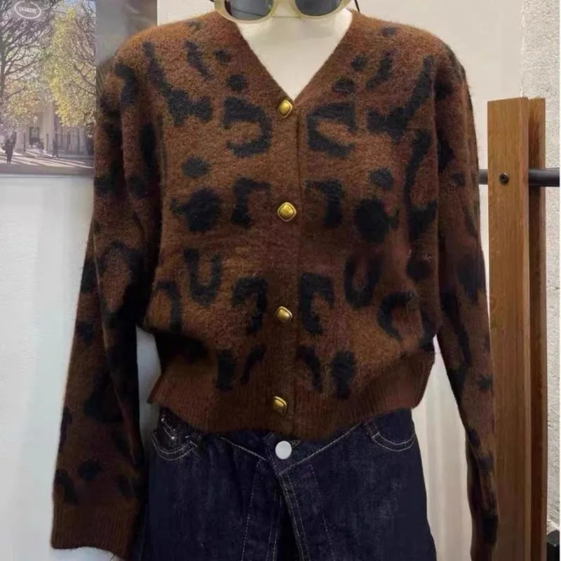 ليوبارد طباعة الخامس الرقبة محبوك سترة سترة سترة المرأة ربيع الخريف سترة قصيرة أعلى #5