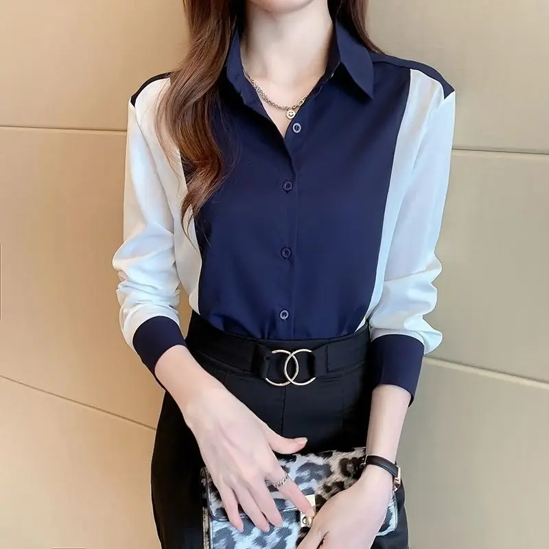 Contrast Patchwork Office Blouse Spring New Polo Neck Long Sleeve Chiffon Loose Casual Shirt Tops Elegant Fashion Women Clothing