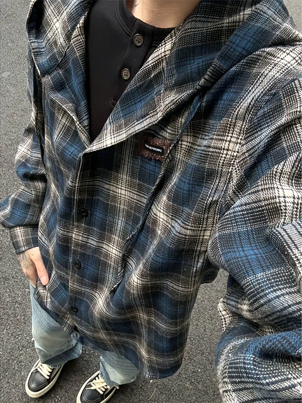 Cleanfit Plaid Long Sleeve Shirt Men's Spring American Casual Flannel Coat Hooded Jacket Youth Popular Loose Fit Iron Free