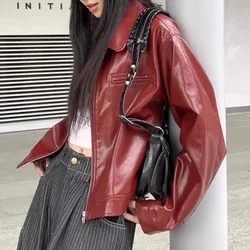 Retro red lapel leather jacket for women's early autumn new sweet and cool girl loose jacket top winter coat women
