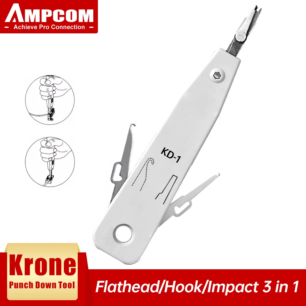 Narzędzie do zaciskania kabli AMPCOM Krone Punch Down Tool, wielofunkcyjne narzędzie Krone KD-1 do wtykania kabli IDC/telefonicznych Cat5e i narzędzi do wklejania złącz do kabli sieciowych.
