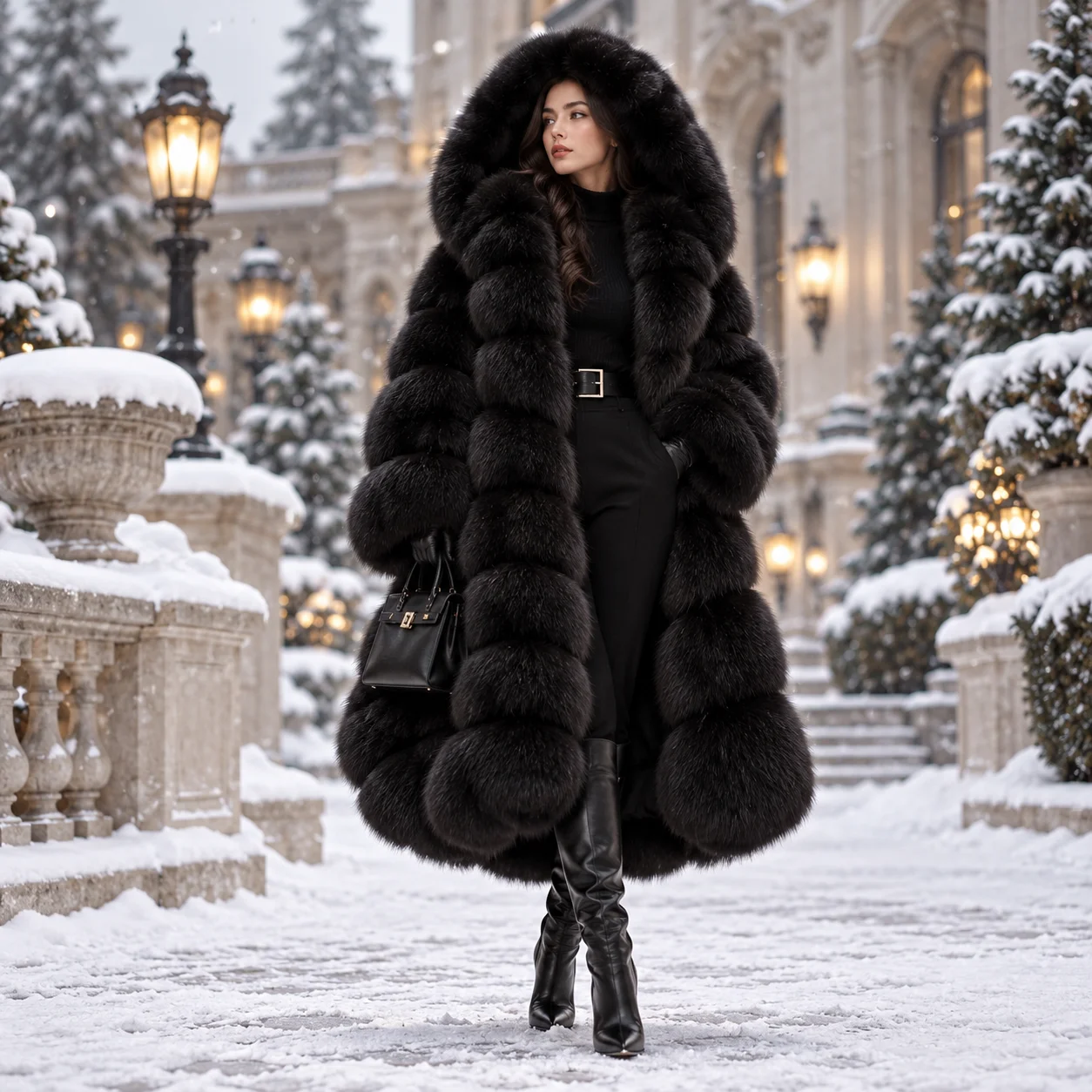 Women's Genuine Fur Hooded Long Coat, Luxury Black Winter Jacket, Thick Warm Elegant Full Length Outerwear