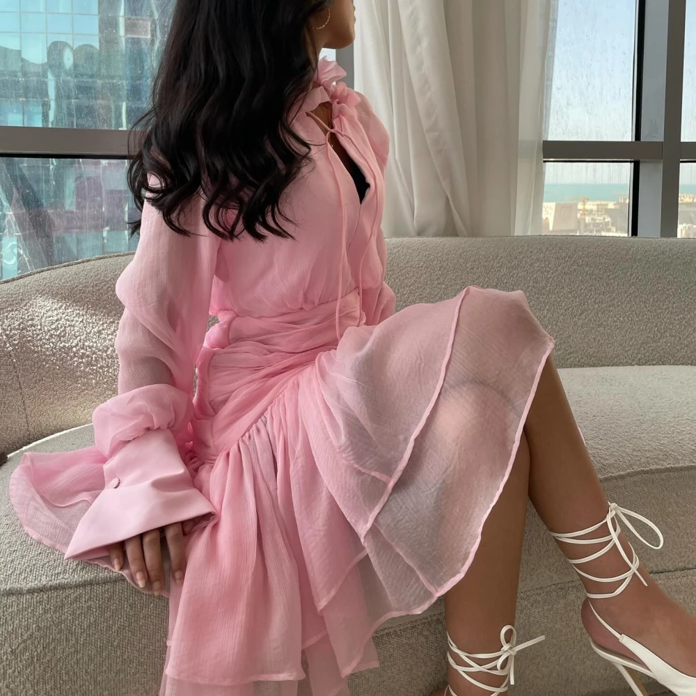 Customized Evening Saudi Arabia Jersey Draped Button Quinceanera A-line High Collar Bespoke Occasion Gown Knee Length Dresses