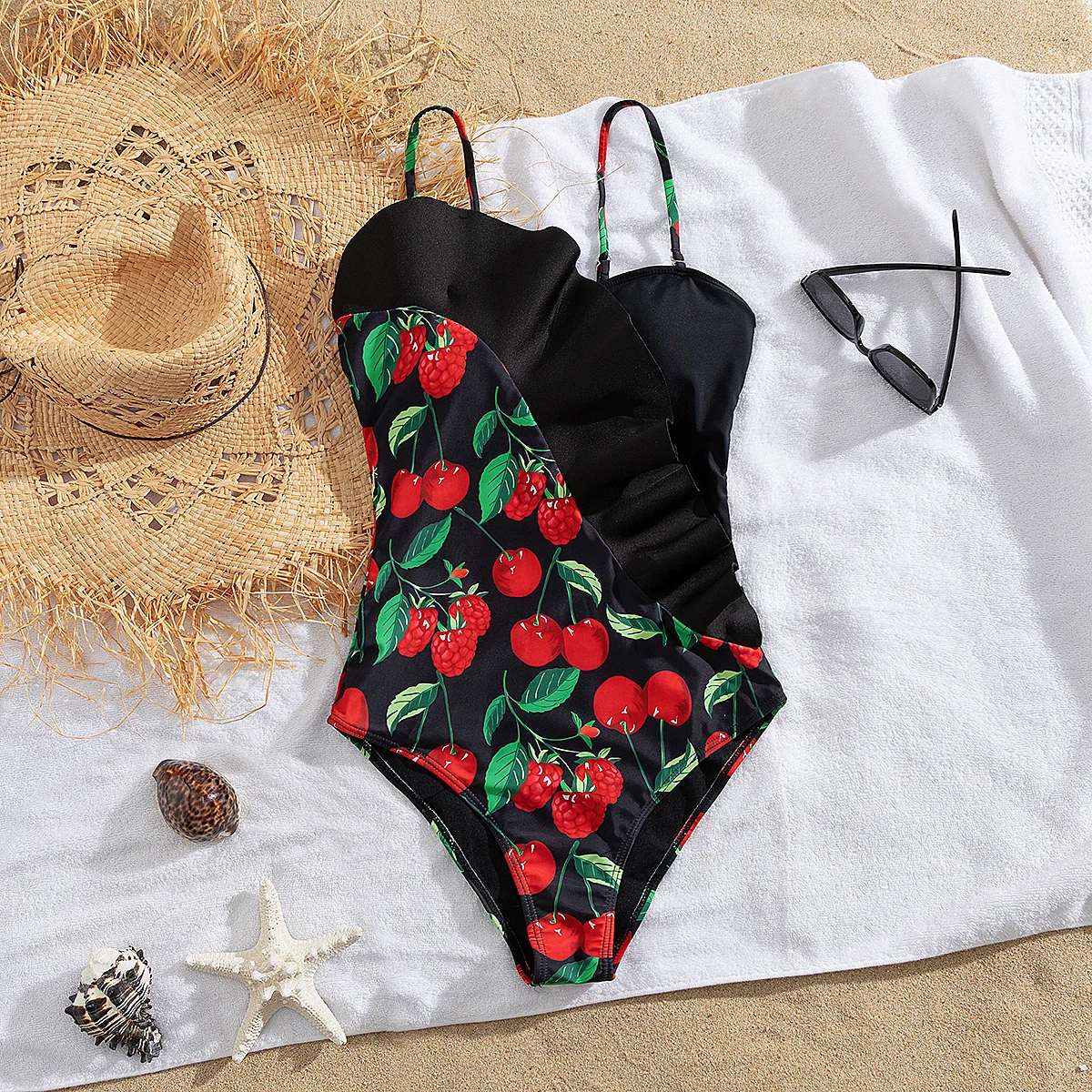2025 Sexy Cherry Print One-Piece Swimsuit Black Base with Fruit Pattern Perfect for Beach Wear and Pool Parties Summer Beachwear