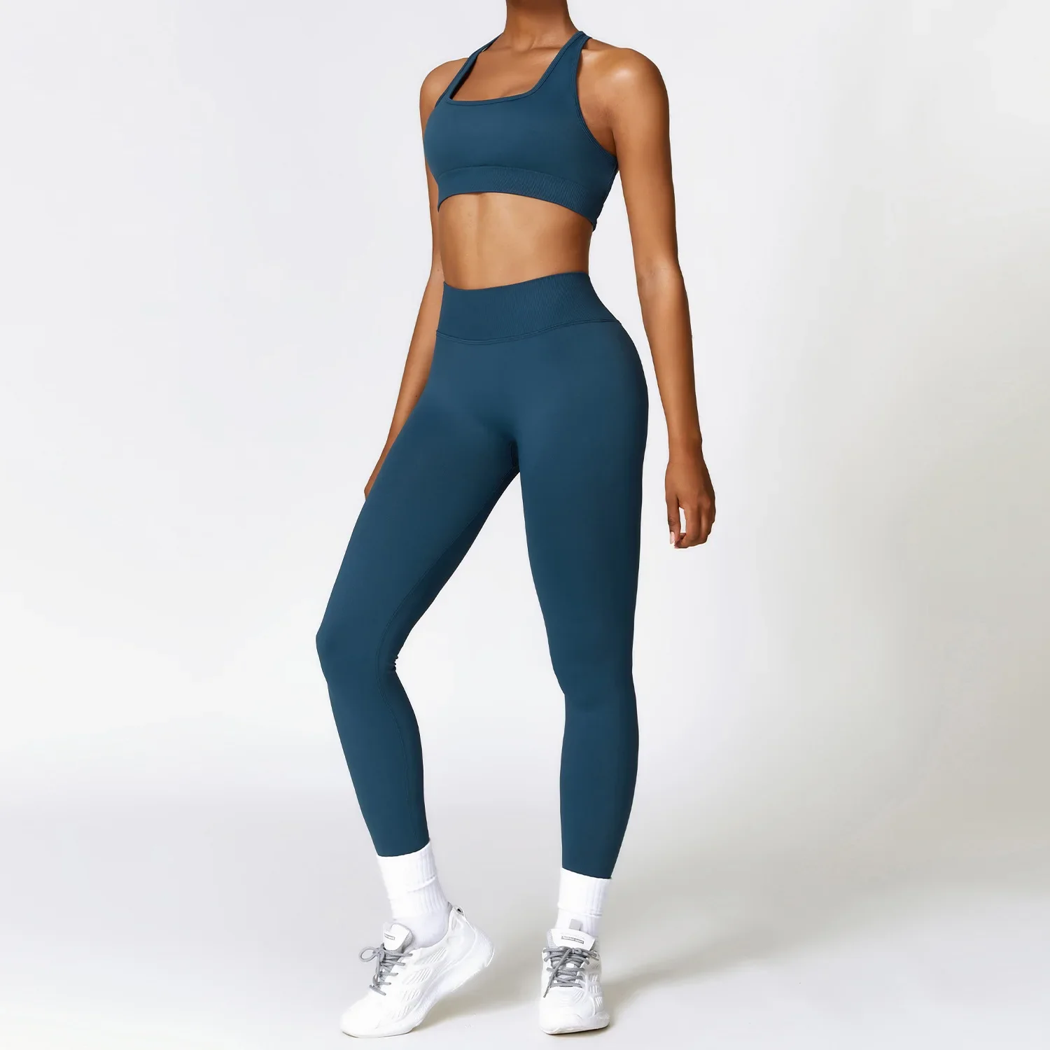 Women's Sportswear Ribbed Yoga Set Gym Running Sport Outfit Two Piece for Woman Yogo Legging Racerback Longline Bra Fitness Suit