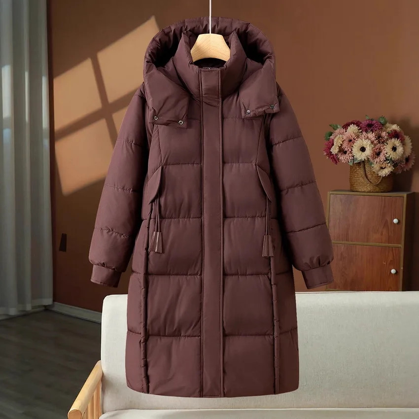 

Parkas Coats Women Solid Mid Length Jackets Zipper Pocket Hooded Drawstring Long Sleeves Thick Office Lady Casual 2025 Winter