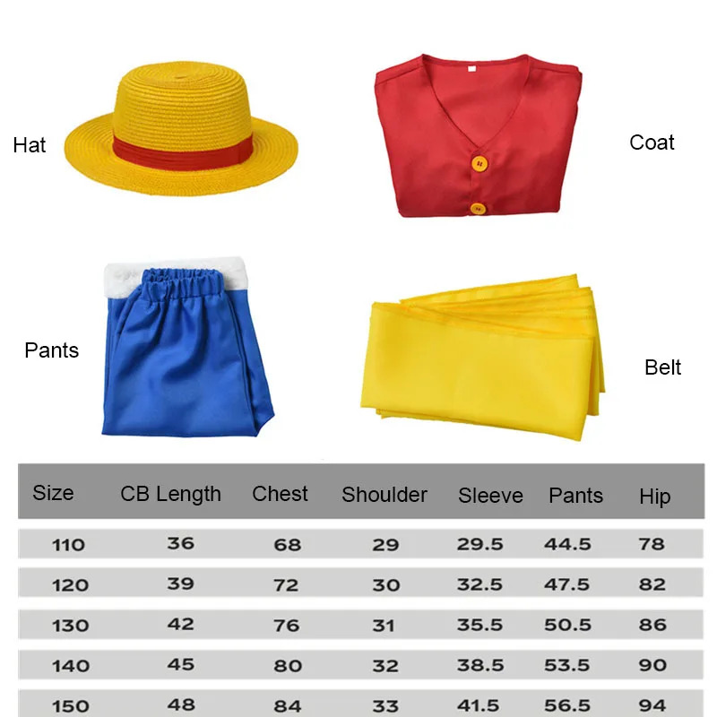 Kids Anime Luffy Cosplay Costume with Straw Hat for Boys Halloween Carnival Uniform Coat Pants Belt Full Set Dress Up