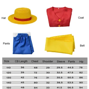 Kinder Anime Luffy Cosplay -Kostüm mit Strohhut für Jungen Halloween Karneval Uniform Jacke Hose Gürtel Volles Set Kleid 8 Hauptverkauf Luffy Dressrosa Shirt - №1