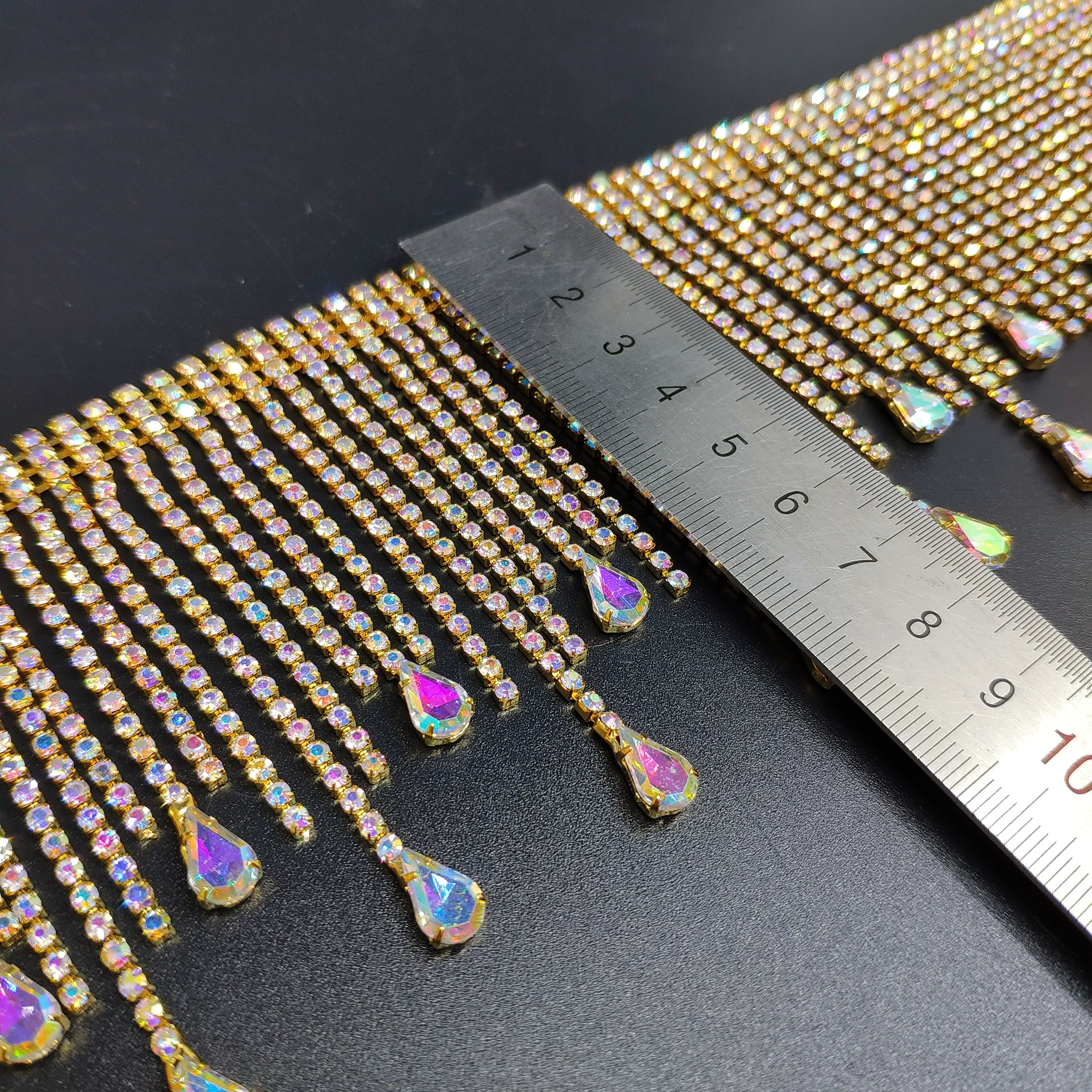 Finished product Necklace DIY Glass Teardrop Rhinestone AB Tassels Metal Chain Crystal Gold AB Fringe Dancing Shinning Trimming