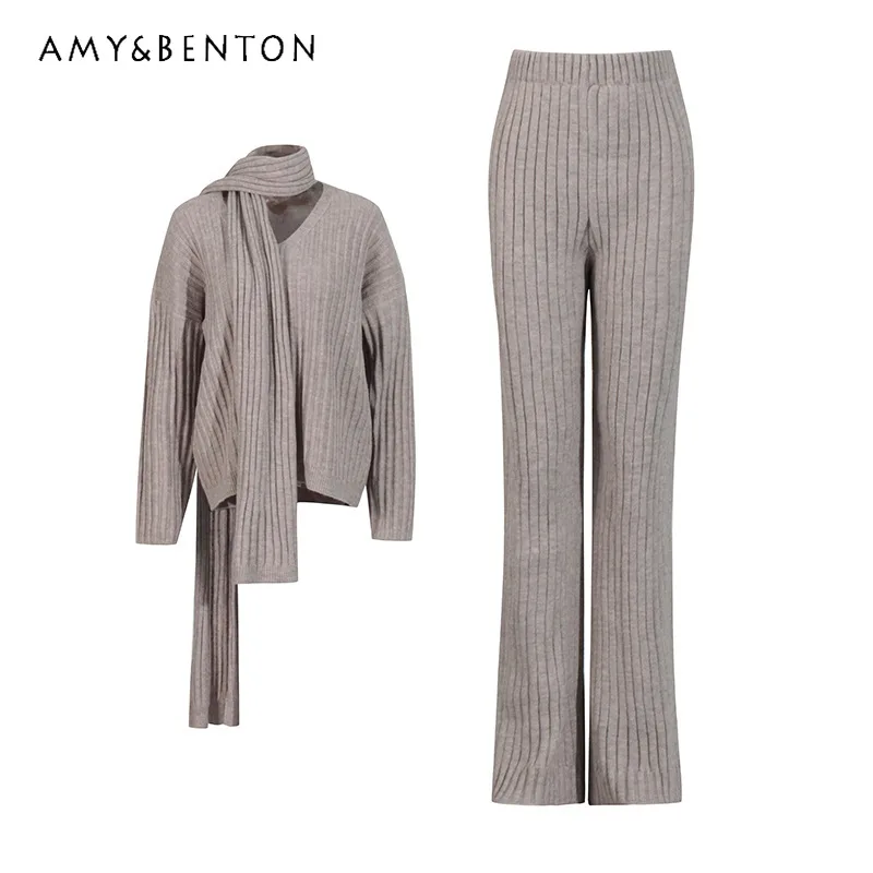 

Women's Casual Style 3-piece Set 2026 New V-Neck Scarf Loose Knitted Sweater Solid Color High Waist Straight Pants Sets Ladies