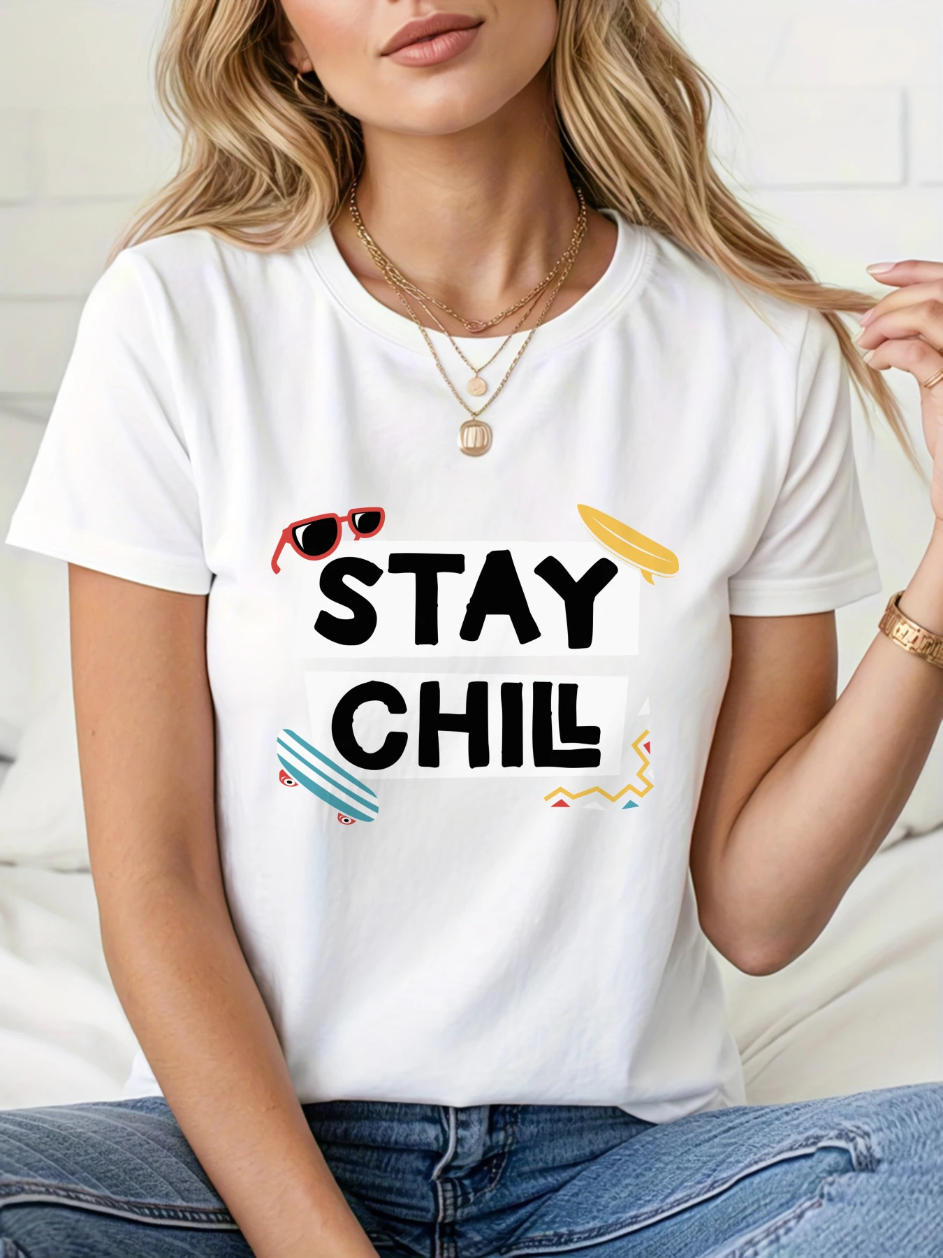 

Comfortable relaxing printed short-sleeved T-shirt, Cotton radult women's Comfortable pure cotton round-neck top printed t shirt