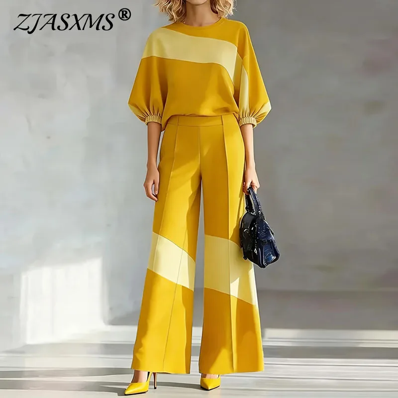 Women Contrast Color Two Piece Outfit Short Puff Sleeve Loose Tops & Wide Leg Pants Set Elegant Office Casual Fall Matching Suit