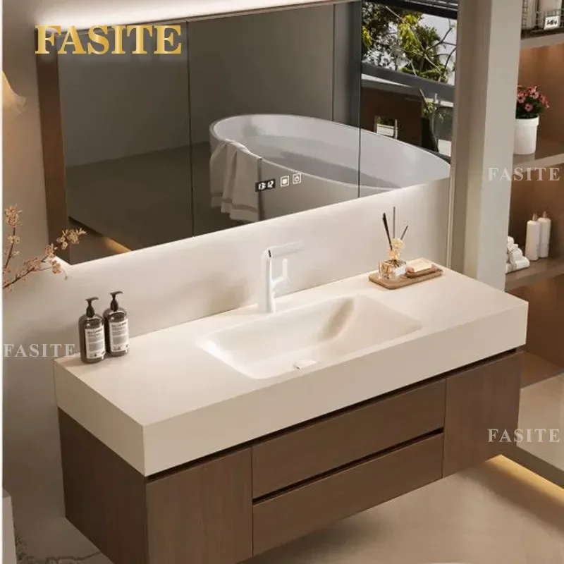 For Medieval Style Bathroom Cabinet Cream Rock Slab Hot Bending Integrated Basin Washbasin Combination Vanity Unit Modern