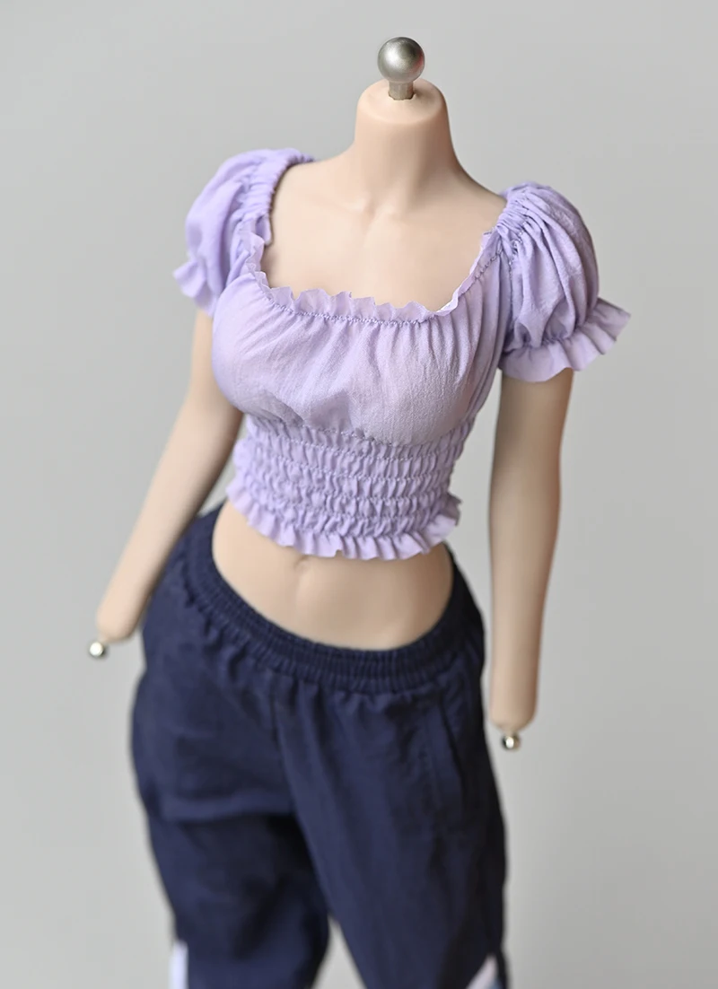 1/6 Female Puff Sleeve Pleated Top Short T-shirt Clothes Model Fit 12'' PH TBL Soldier Action Figure Body Dolls Hobby Collection