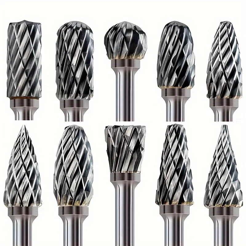 10Pcs Double Cut Tungsten Carbide Rotary Burr Set, Multipurpose Grinding Carving Tools for Wood Surface Polishing