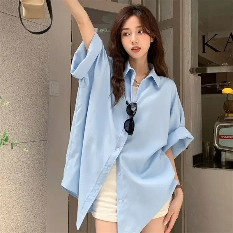 Korean Polo Neck Solid Color Shirt Tops Ladies Summer New Plus Size Short Sleeve Loose Cardigan Casual Fashion Women Clothing