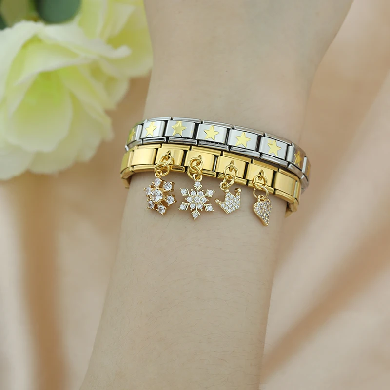 Hapiship 2024 New Fashion Women\'s Crown Star Heart CZ Italian Charms Links Fit 9mm Stainless Steel Bracelet DIY Jewelry DJ1284