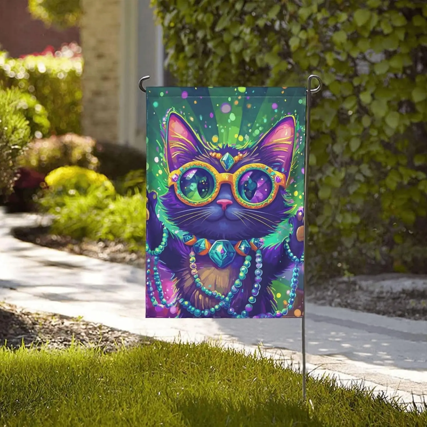 Cute Cartoon Cat Mardi Gras Garden Flag 12.5 x 18 Inch, Double Sided Outdoor Decorative Yard Flag Polyester Weather Resistan PPM