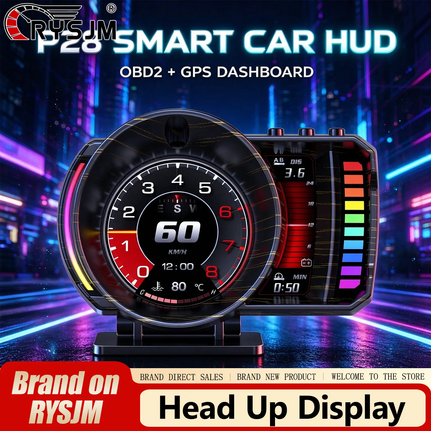 New P28 Car HUD Head Up Display OBD2 GPS Dual System Multifunction Gauge TFT LCD Speedometer Water Temp Turbo Pressure OBD Meter