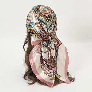 Satin Square Scarf Women Muslim Hijab Elegant 2026 Chains Print Neckerchief Shawl Wraps Headband Handle Hair Accessories Bandana