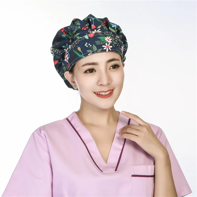 

Clearance Bouffant scrub cap Women Scrub hat for Long Hair Adjustable Reuseable Cotton Hats Cartoon Flower Printed