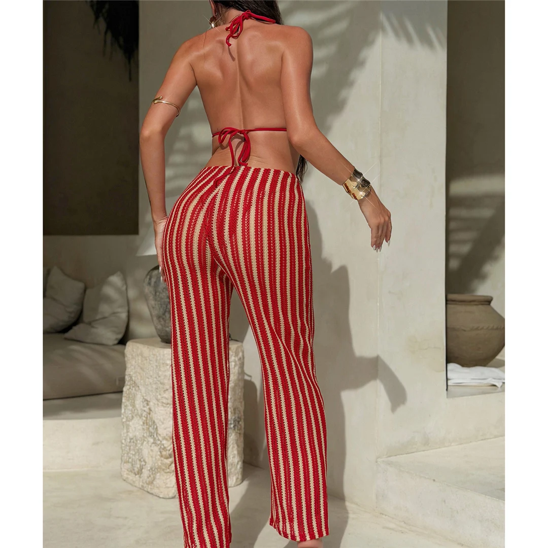 5 Farben mit Hose, gestreifter Neckholder-Bikini, Damen-Badebekleidung, dreiteiliger Bikini-Set, Badeanzug, Badebekleidung, Schwimmbekleidung V7838P – Detail 5