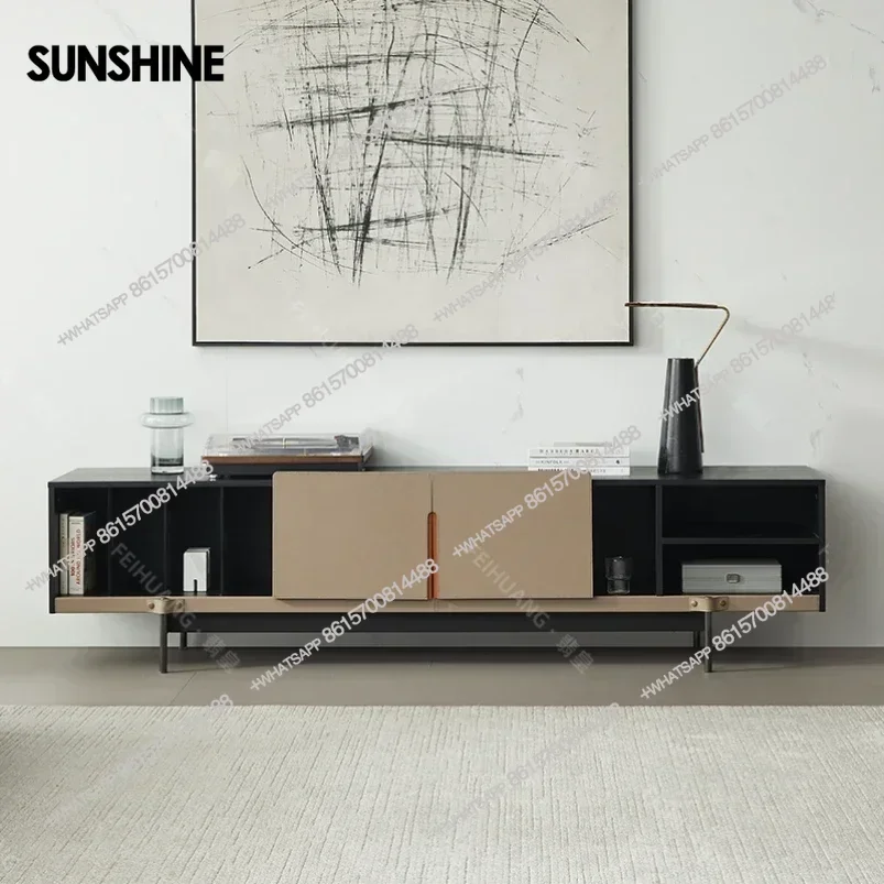

Italian Minimalist TV Cabinet Living Room Saddle Leather Light Luxury Floor Cabinet Solid Wood TV StandY
