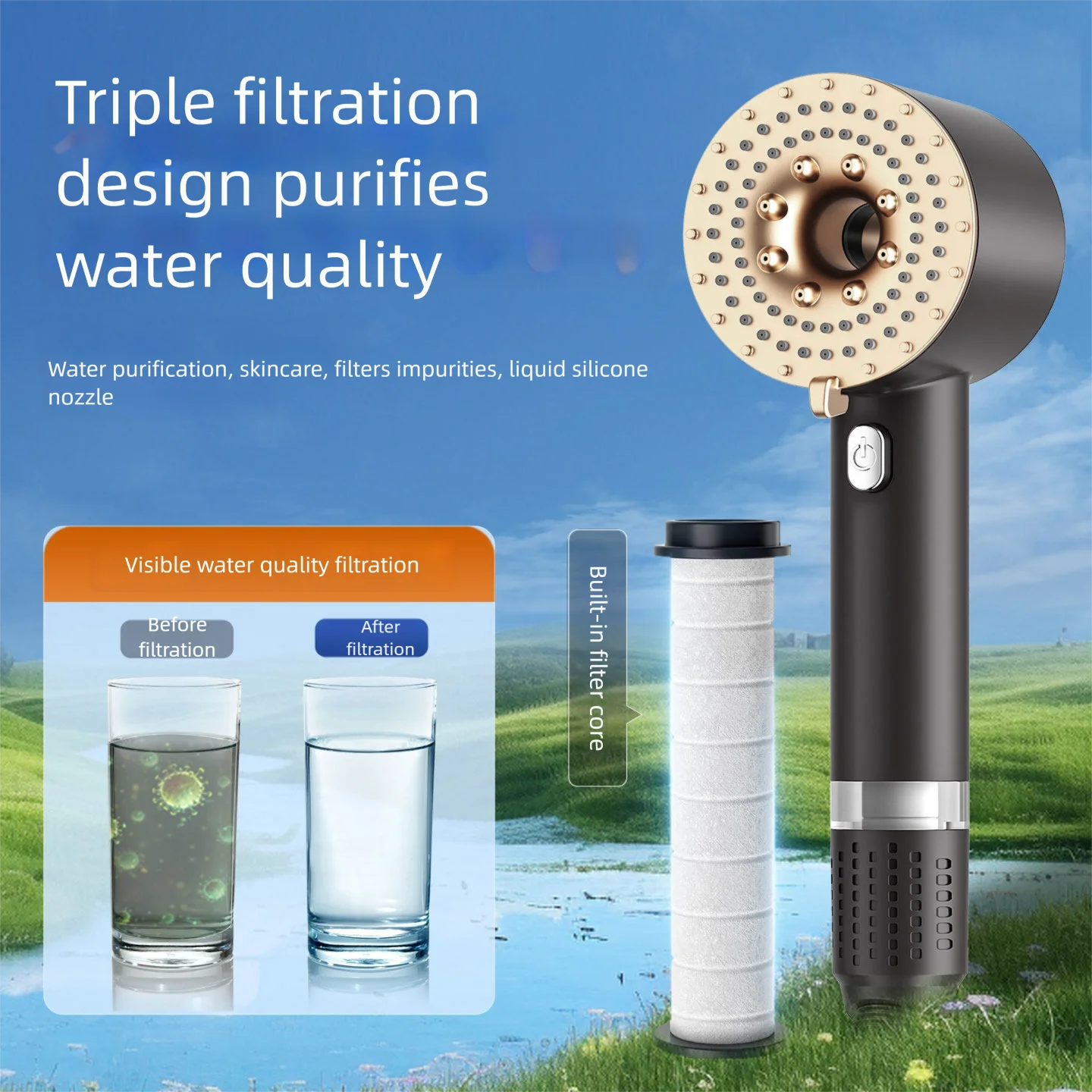 Three Speed Pressurized Filtered Hand Shower  Strong Pressure Large Water Flow Bathroom Accessory Household Essential