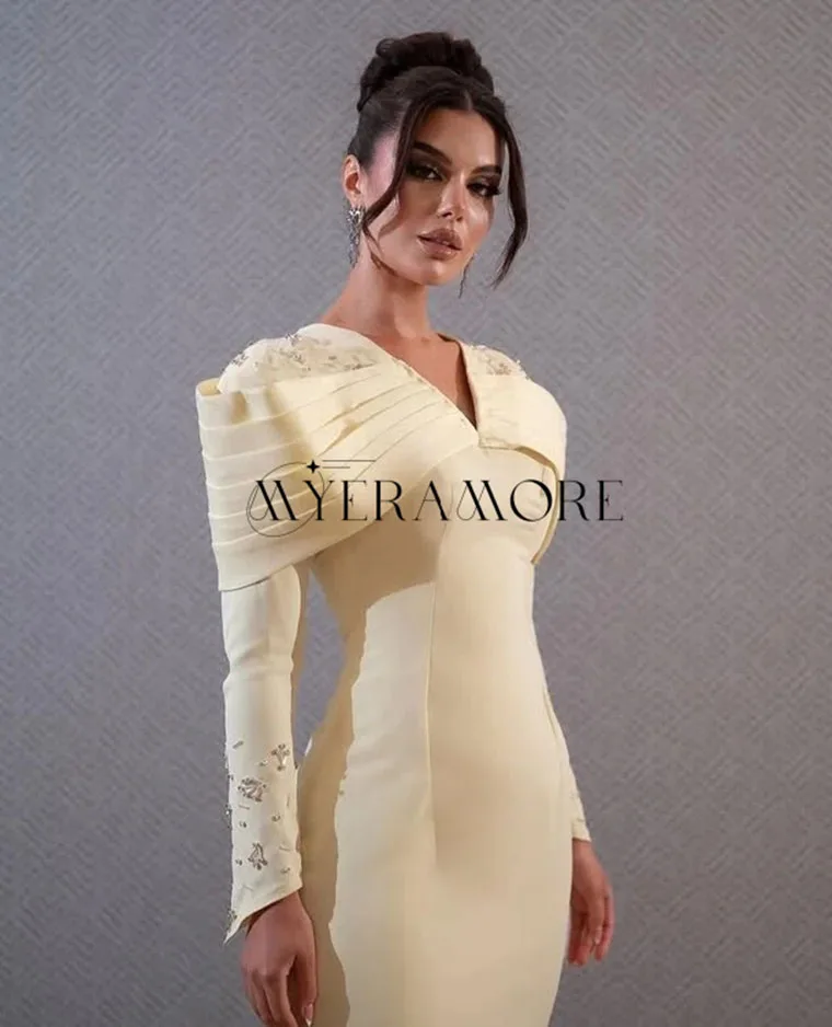 فساتين سهرة رائعة على شكل حرف v حورية البحر مطرز بأكمام طويلة بطول الكاحل مطوي فساتين لحضور الحفلات الموسيقية مخصصة Fساتين سهلات