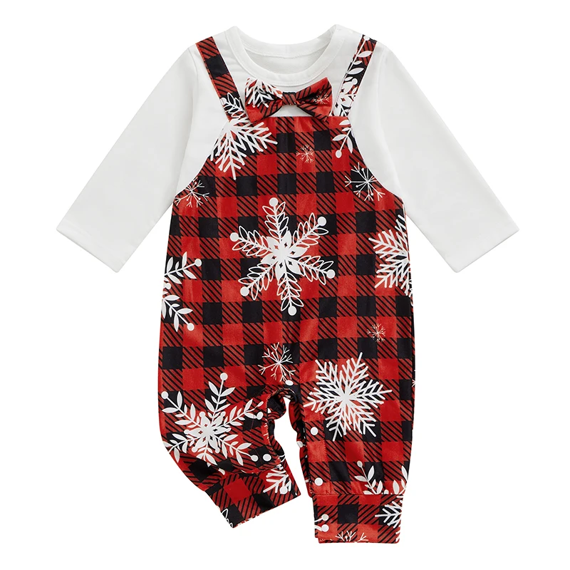 Baby Christmas Overall Romper Plaid Snowflake Print Bow Tie Long Sleeve Fake Two Piece Jumpsuit