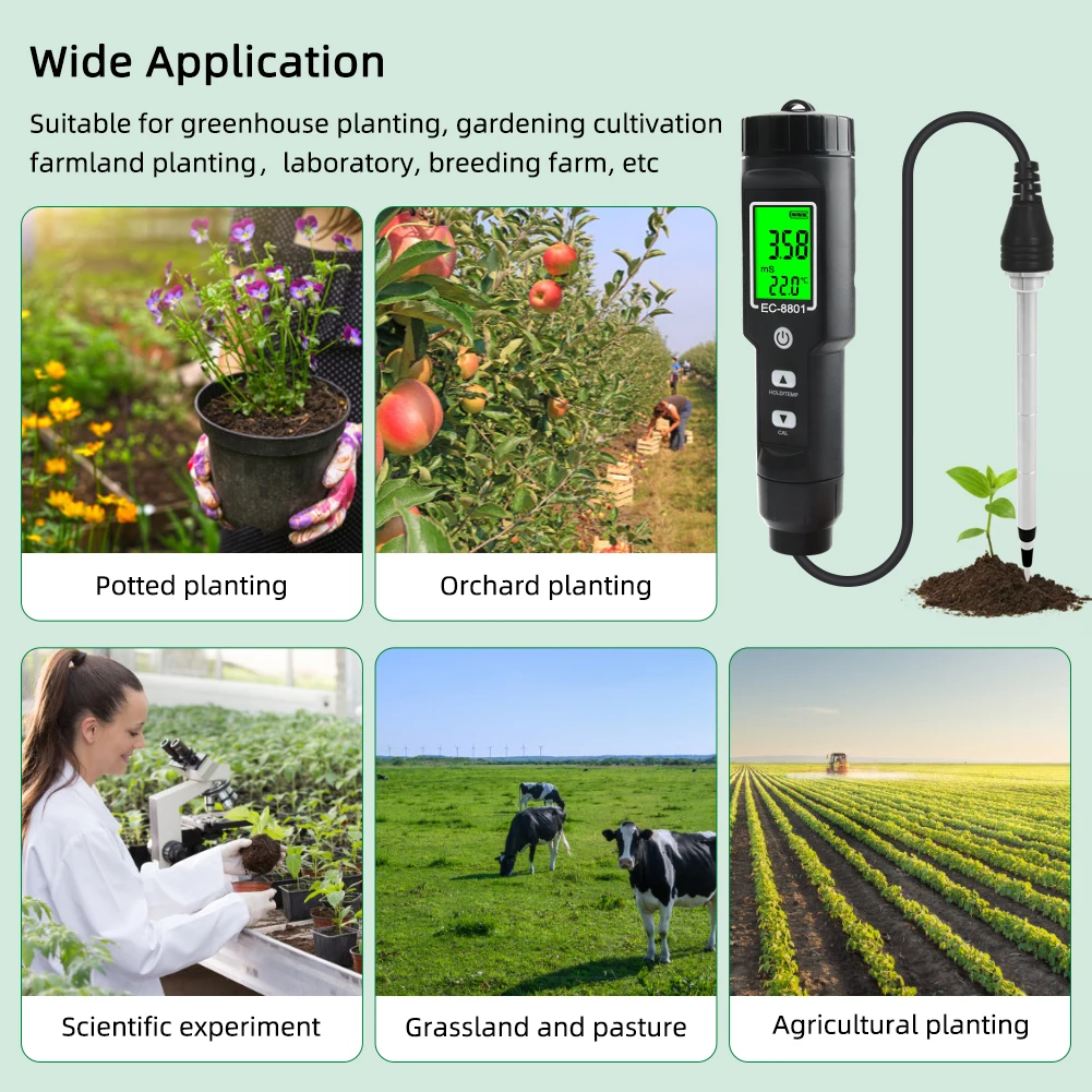 Multi-function Soil EC Tester LCD Digital Thermometer Waterproof Backlight Detachable Probe Automatic Temperature Compensation