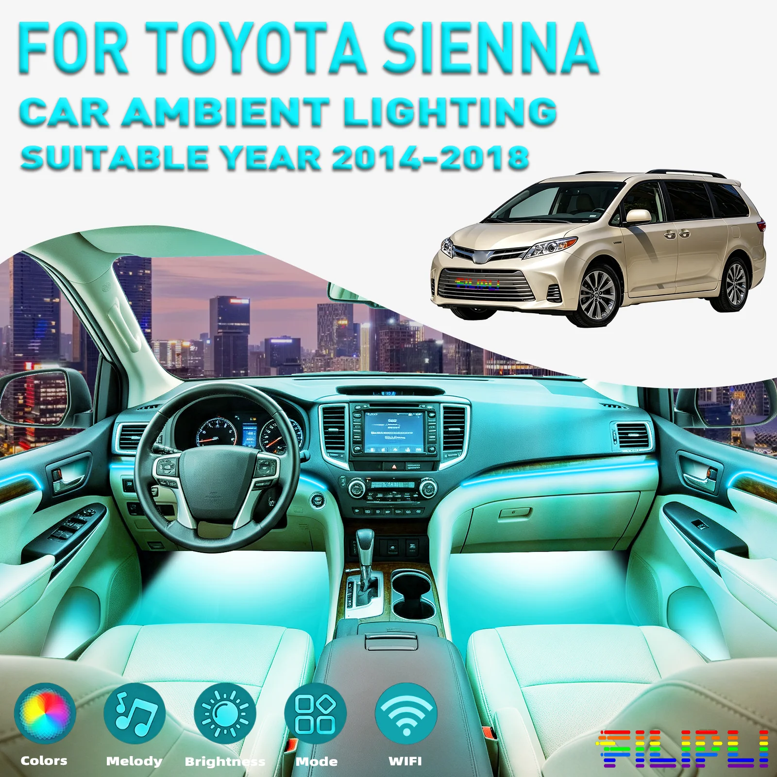 For TOYOTA Sienna 2014‑2018 18 Lights Kit 256 Colors RGB 18 in 1 Hidden Acrylic LED Strip DIY Color Sequence Neon Light Strip Custom Saved Light Presets Vehicle Interior LED Tuning Accessories