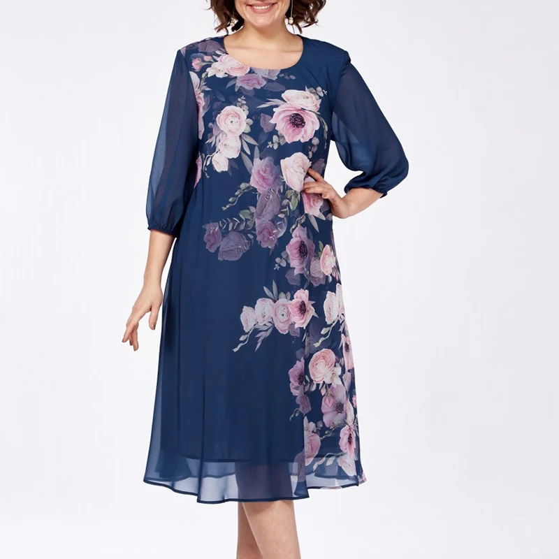 فستان نسائي مقاس كبير فستان صيفي لقضاء عطلة الشاطئ بوهو برقبة دائرية 3/4 كم فساتين الحفلات للنساء فستان ميدي أنيق