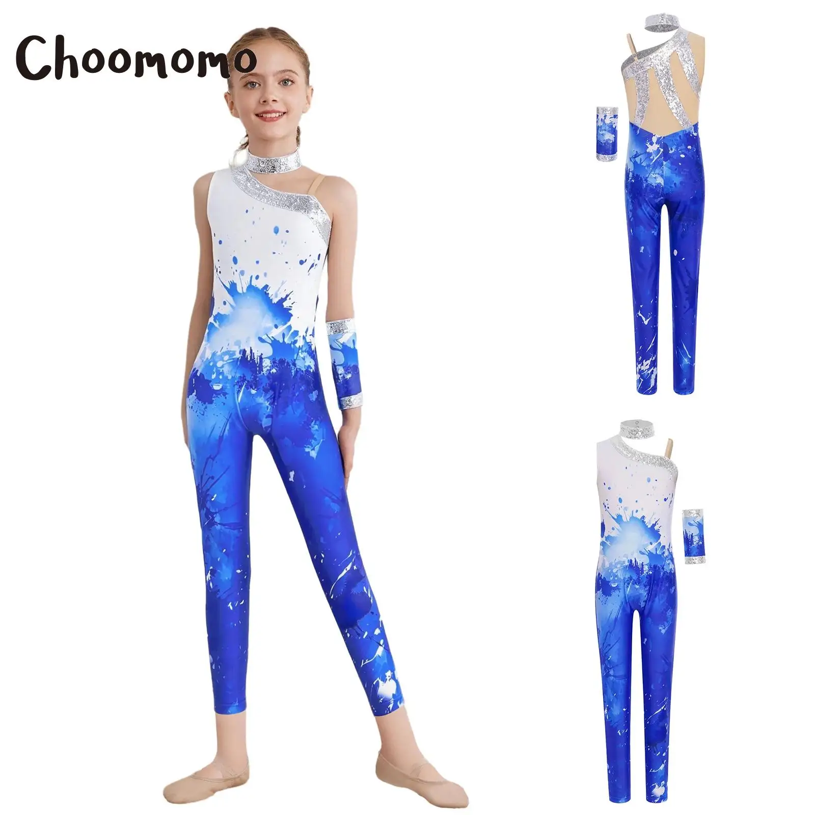 

Kids Girls Sequins Printed Gymnastics Jumpsuit Full Length Leotard Bodysuit for Figure Ice Skating Dancewear Stage Performance