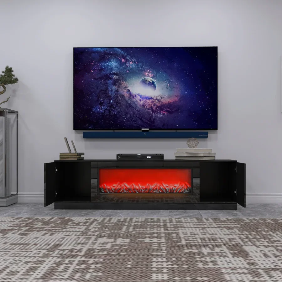 

Modern electric fireplace TV stand with insert fireplace,2 side cabinets,Black TV Stand without remote, heating, For Living room