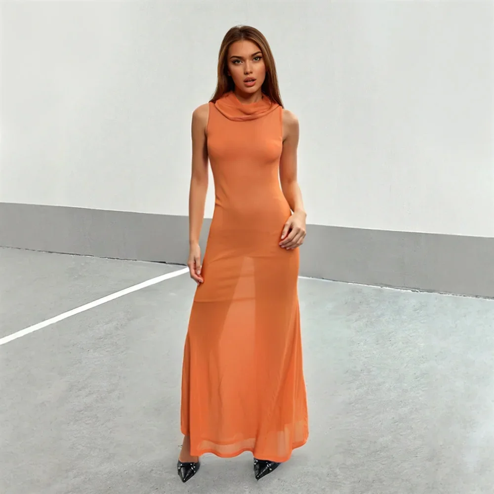 فساتين نسائية صيفية كاجوال بسيطة بدون أكمام ورقبة دائرية فساتين ماكسي ملفوفة يومية أساسية #3