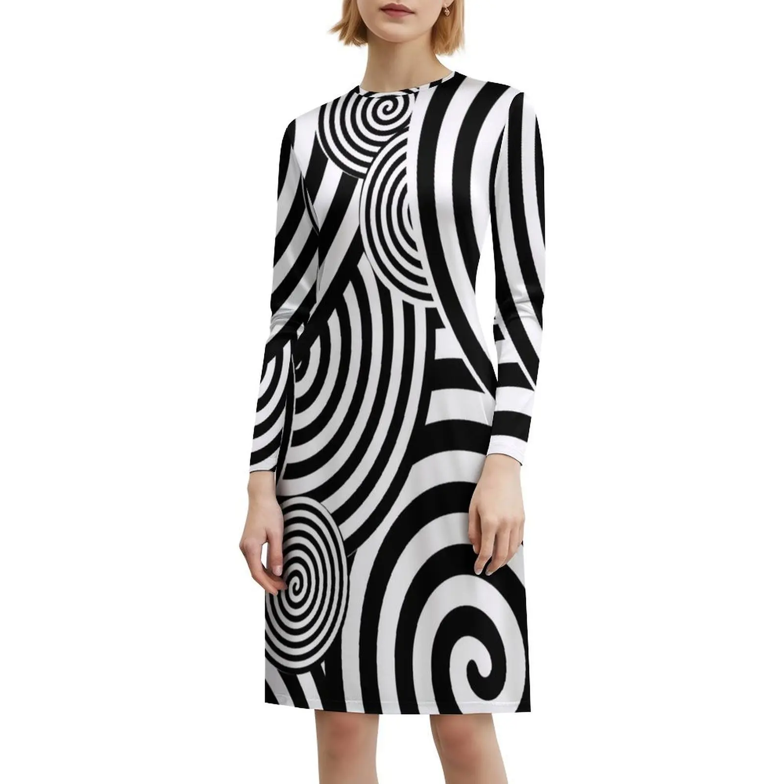 3D Illuzion-Ripples Preppy Style Mini Dress For Women A-Line Loose Fit Casual Day Dress Abstract Psychedlic Black White Women's