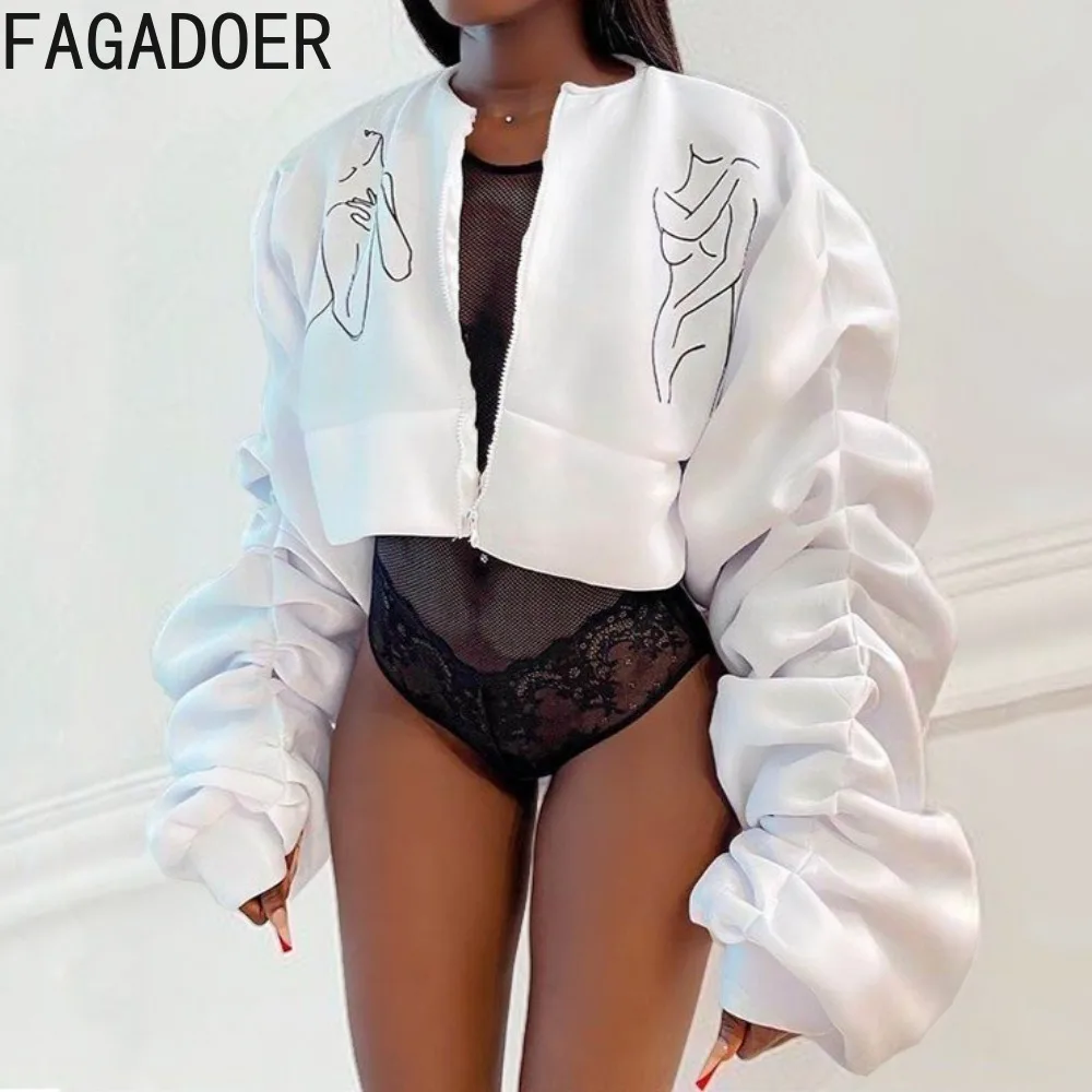 

FAGADOER сексуальное лоскутное пальто с буквенным принтом и рюшами, женское свободное укороченное пальто на молнии с пышными рукавами, женская уличная одежда, новинка 2023 года