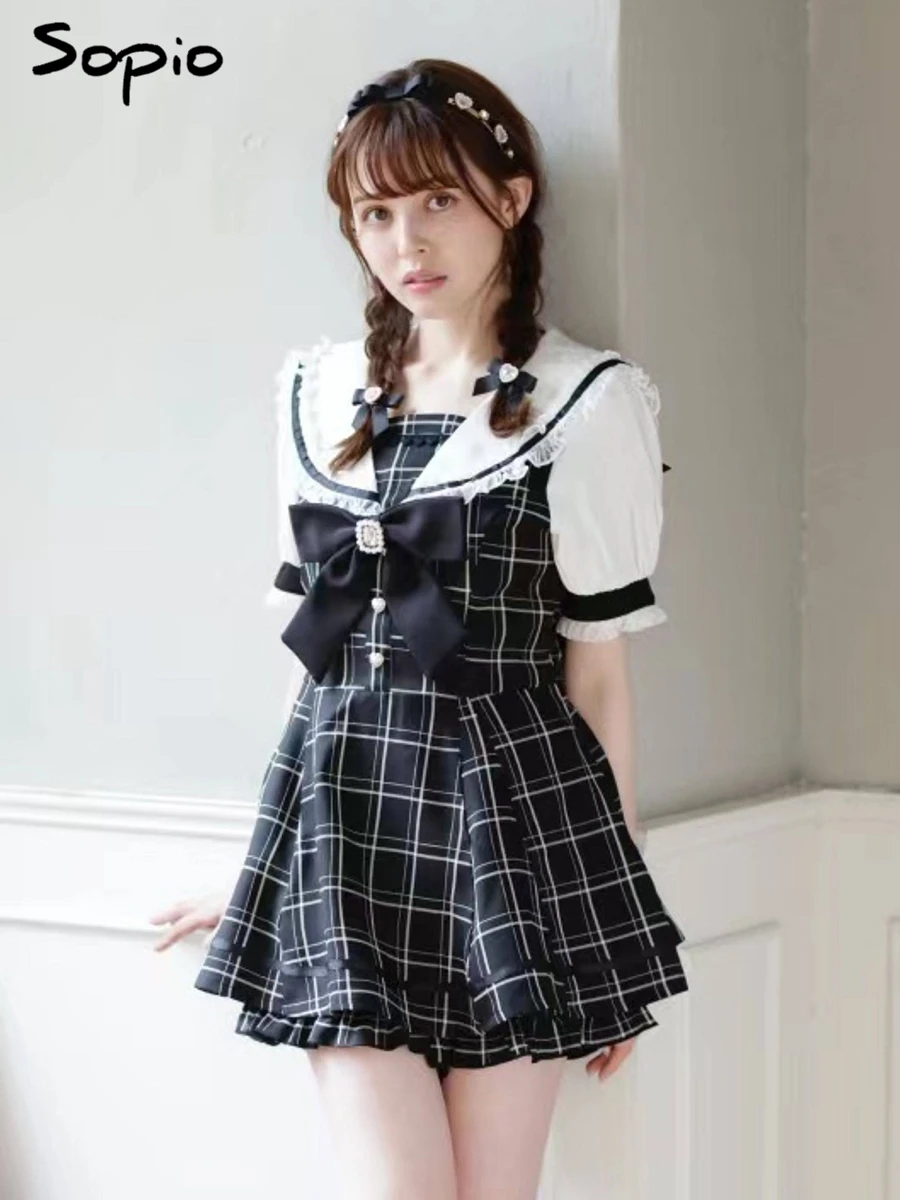 

Комплект из двух предметов: платье Лолита с воротником-стойкой и лентами, женское, весна-лето, с пышными короткими рукавами, милый, кавайный, в стиле роб, с шортами