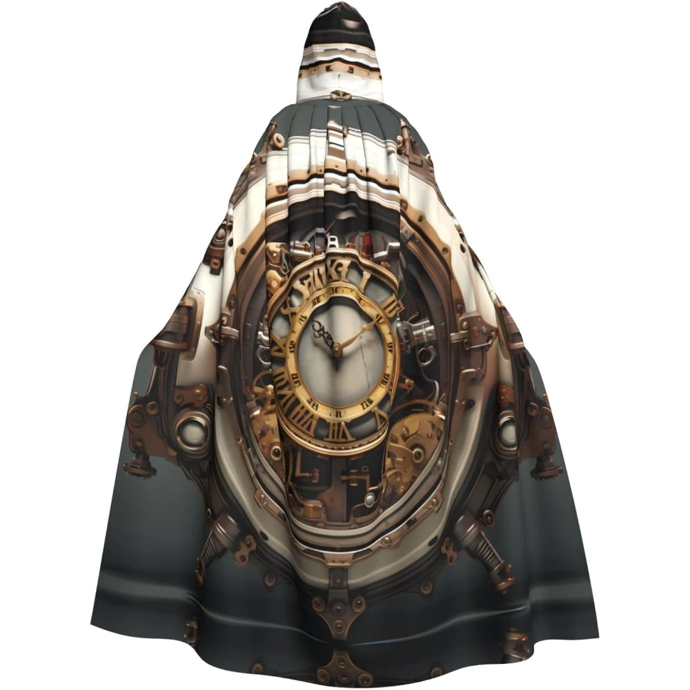 

Steampunk Clock Printing Halloween Adult Hooded Cloak for Parties and Costume Events One Size