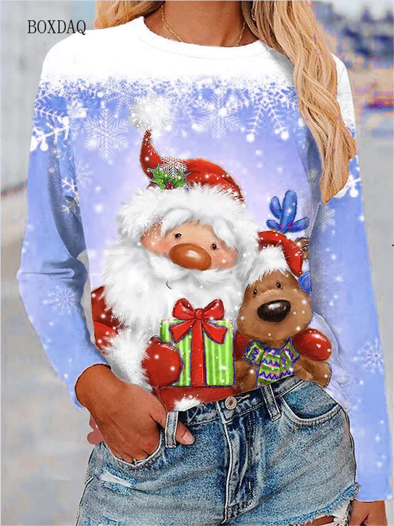 6XL Big Size Women Clothing Christmas T-shirts Autumn Winter Long Sleeve 3d Santa Claus And Snowman Print Cartoon Cute Lady Tops