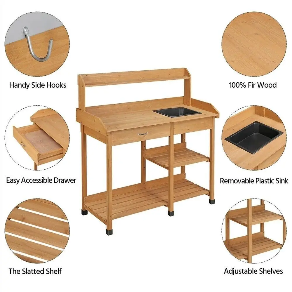 Potting Bench Table Patio Outdoor Garden Work Station Planting Shelf Sink Drawer Solid Wood Construction, Deck, Balcony