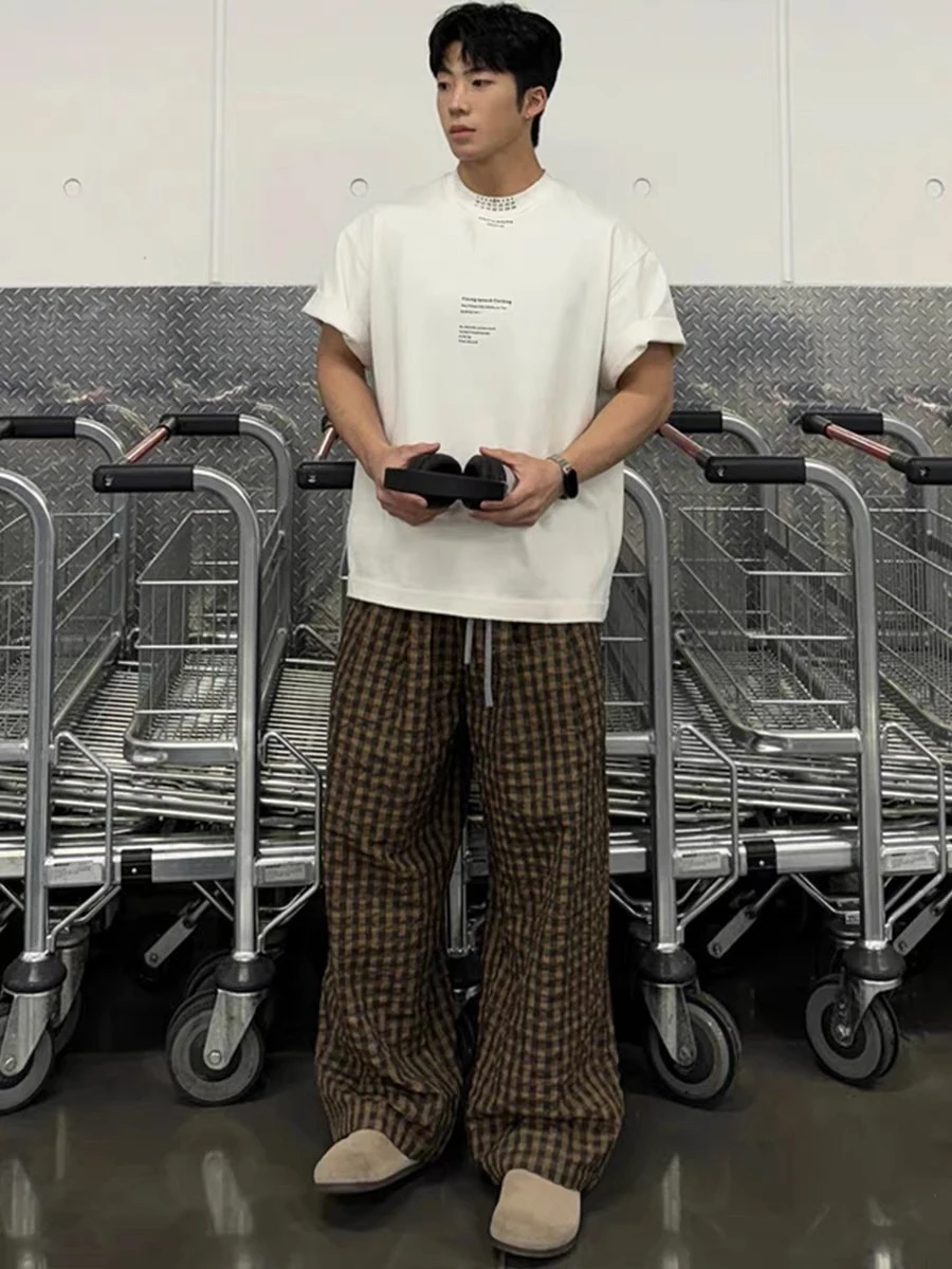 

American Retro Bubble Cloth Khaki Plaid Pants Men's Casual Loose Wide Leg Lazy Daily Commuting Versatile God Pants